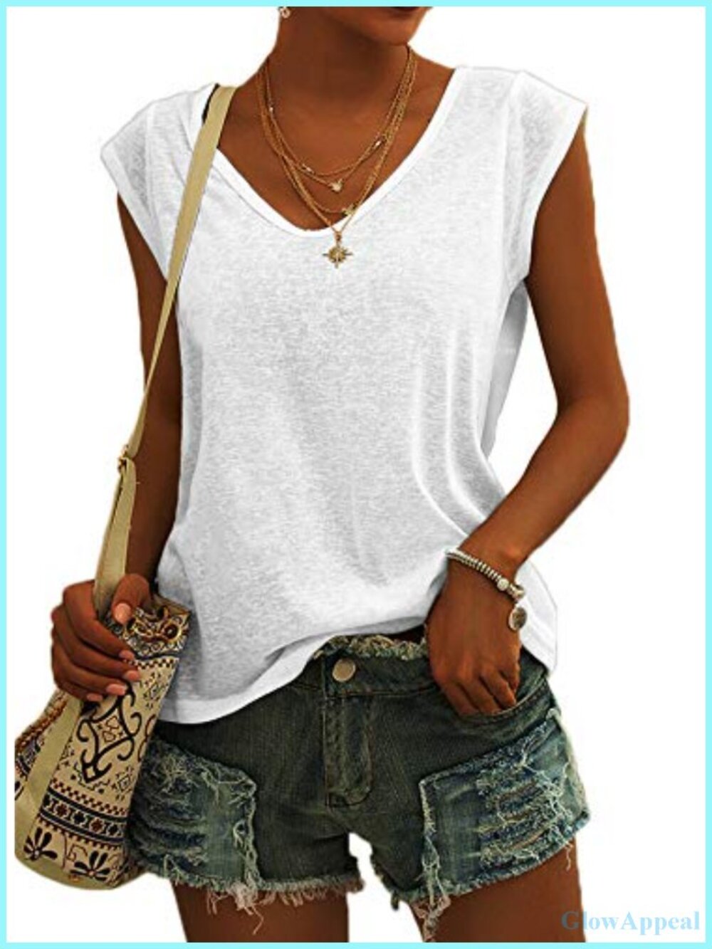 Womens Cap Sleeve V-Neck Loose Fit T-Shirt Casual Summer Tank Top